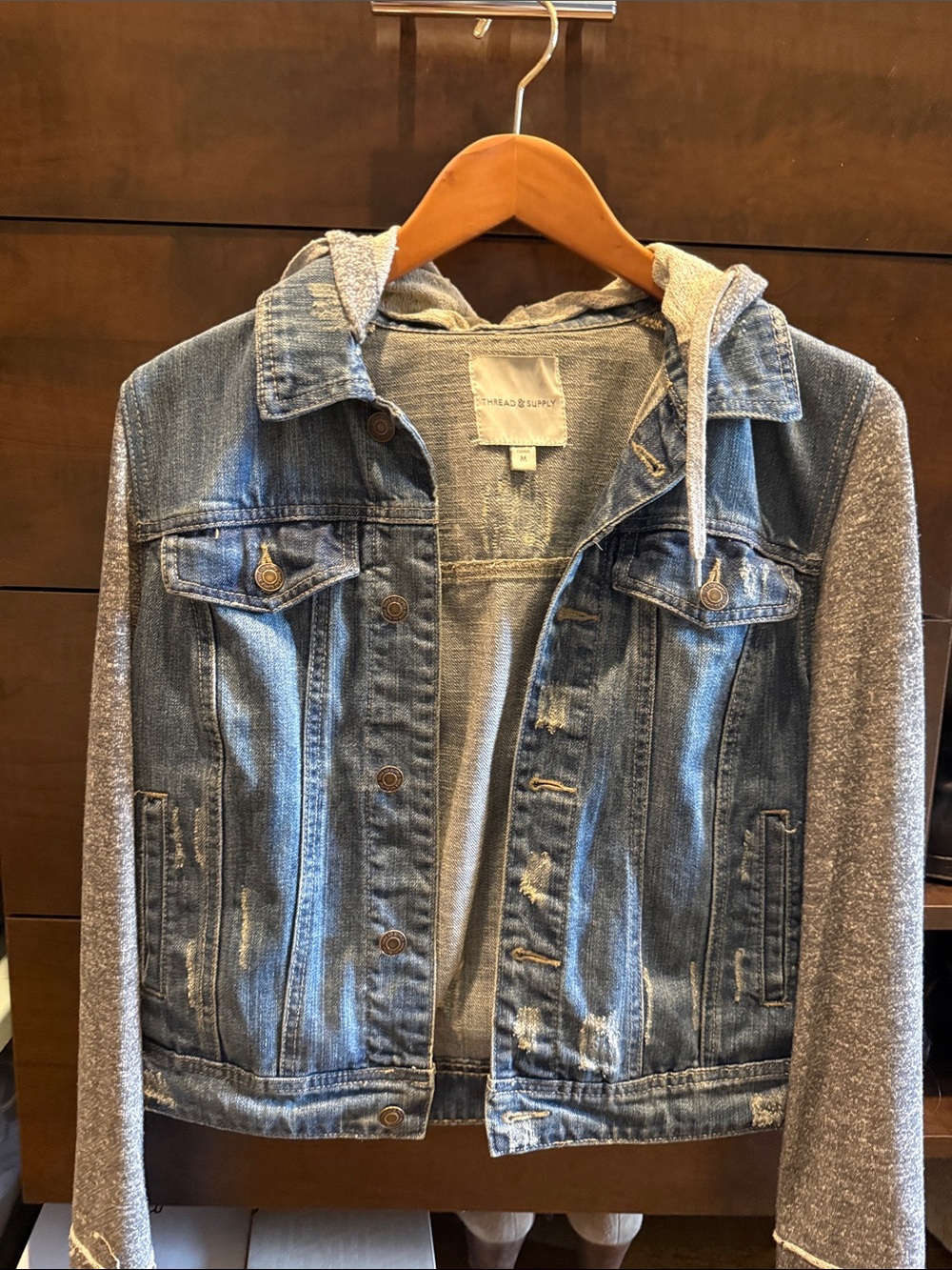 Thread & Supply Blue Denim Jacket with Light Gray Hoodie and Sleeves